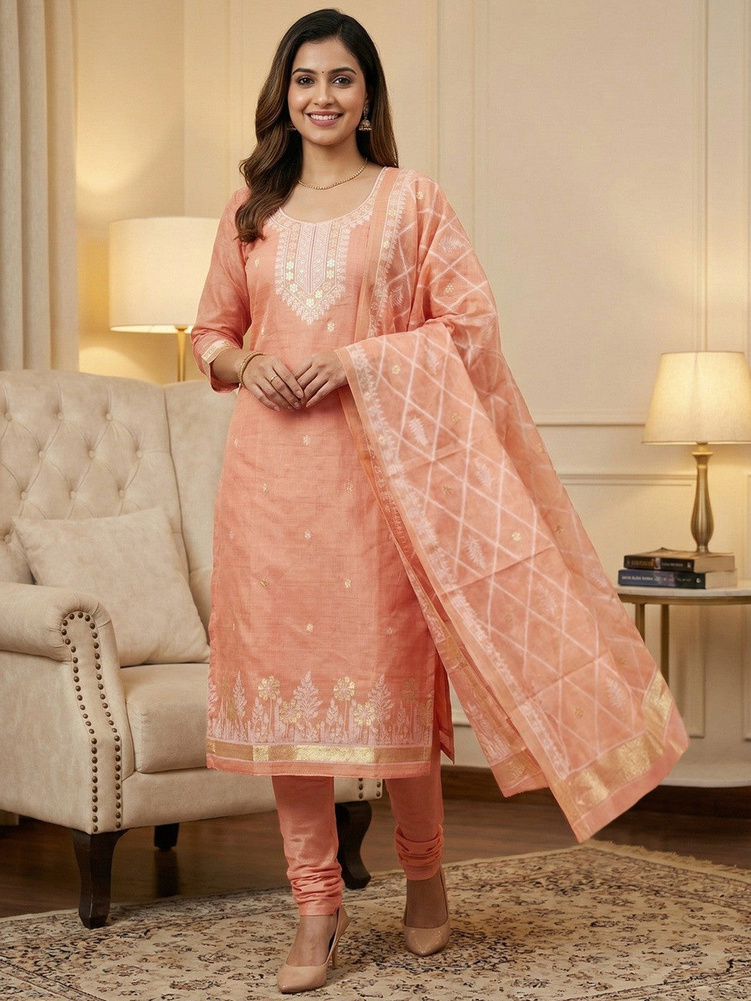 Premium Peach Floral Weaving Chanderi Silk Dress Material With Intricate Zari Work - Image 1