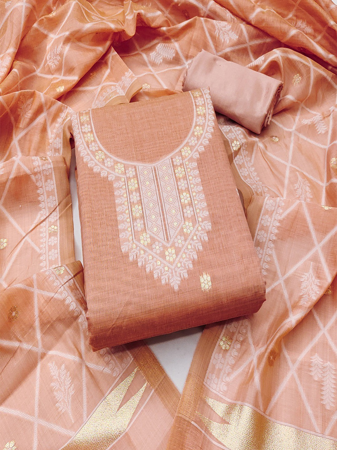 Premium Peach Floral Weaving Chanderi Silk Dress Material With Intricate Zari Work - Image 1