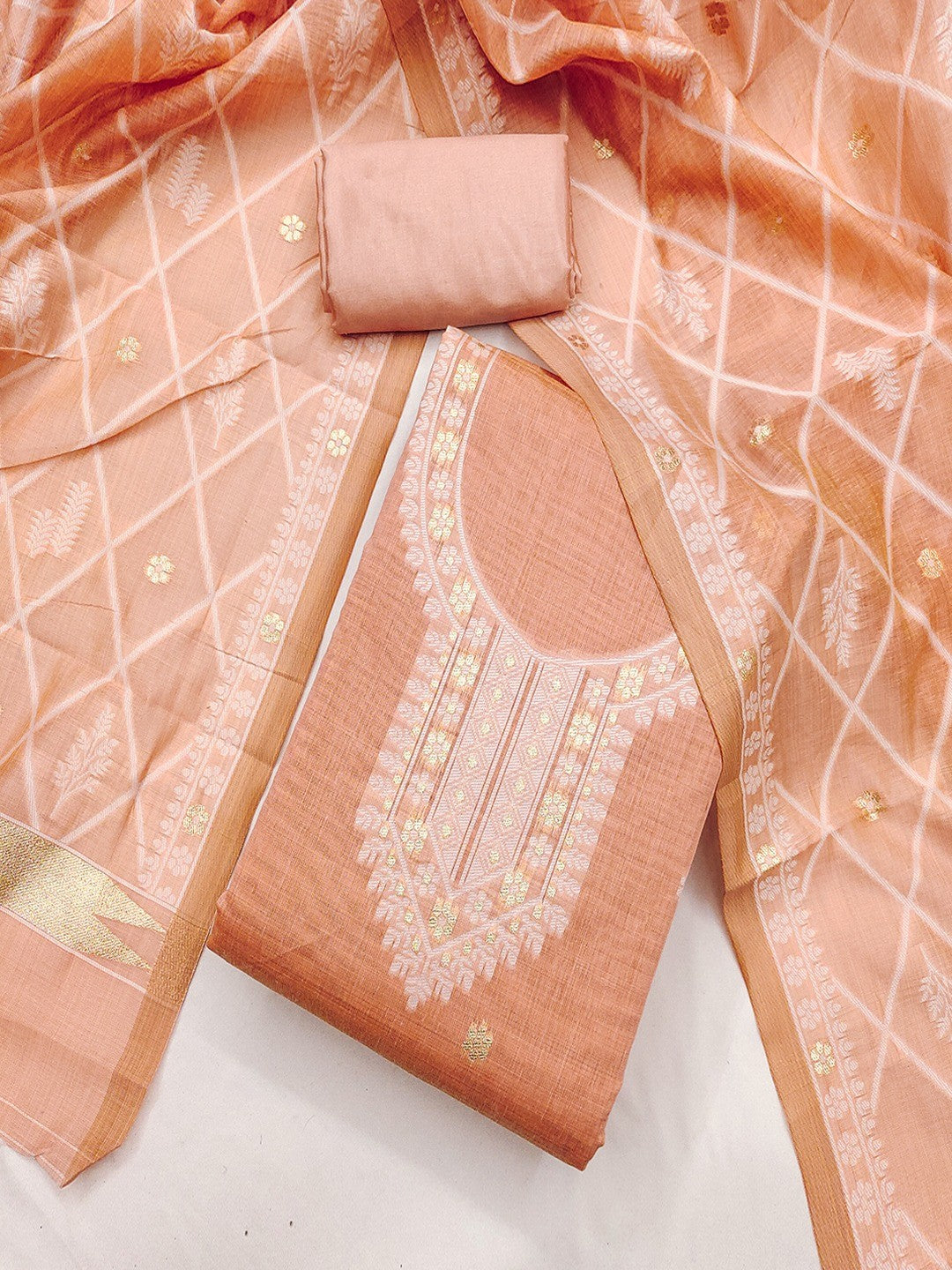 Premium Peach Floral Weaving Chanderi Silk Dress Material With Intricate Zari Work - Image 5