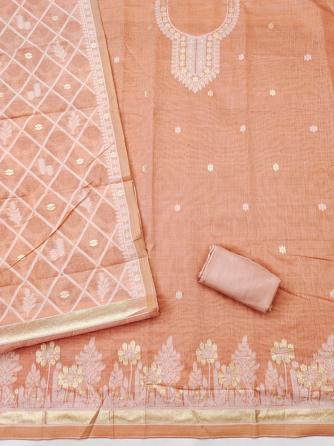 Premium Peach Floral Weaving Chanderi Silk Dress Material With Intricate Zari Work - Image 5