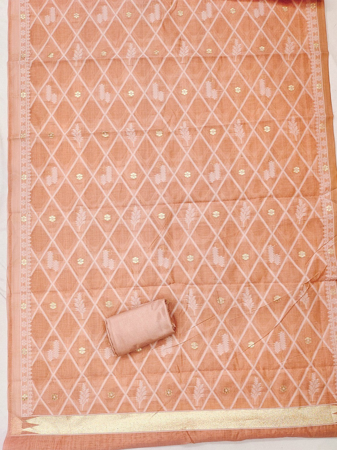 Premium Peach Floral Weaving Chanderi Silk Dress Material With Intricate Zari Work - Image 2