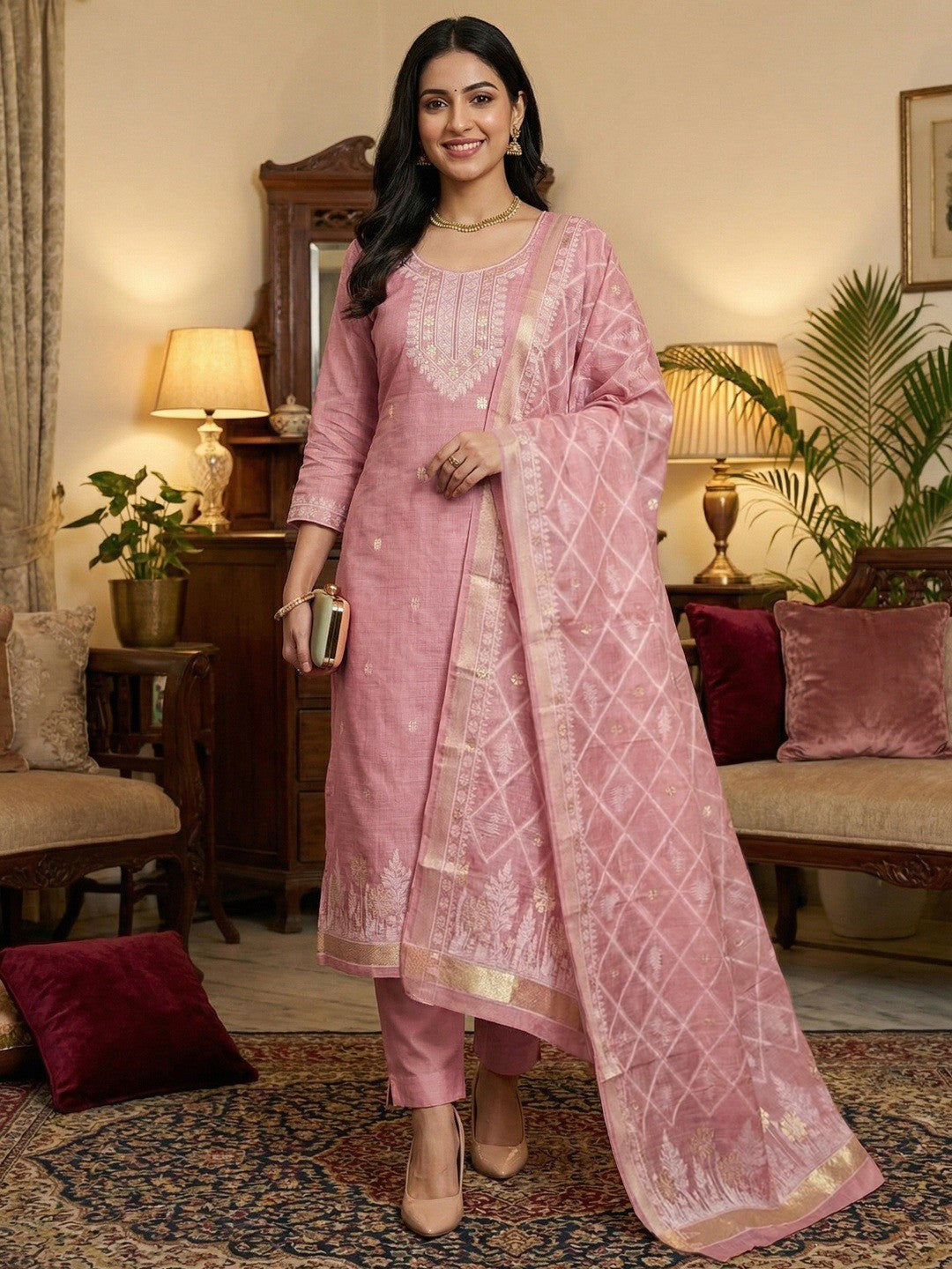 Premium Pink Floral Weaving Chanderi Silk Dress Material With Intricate Zari Work - Image 2