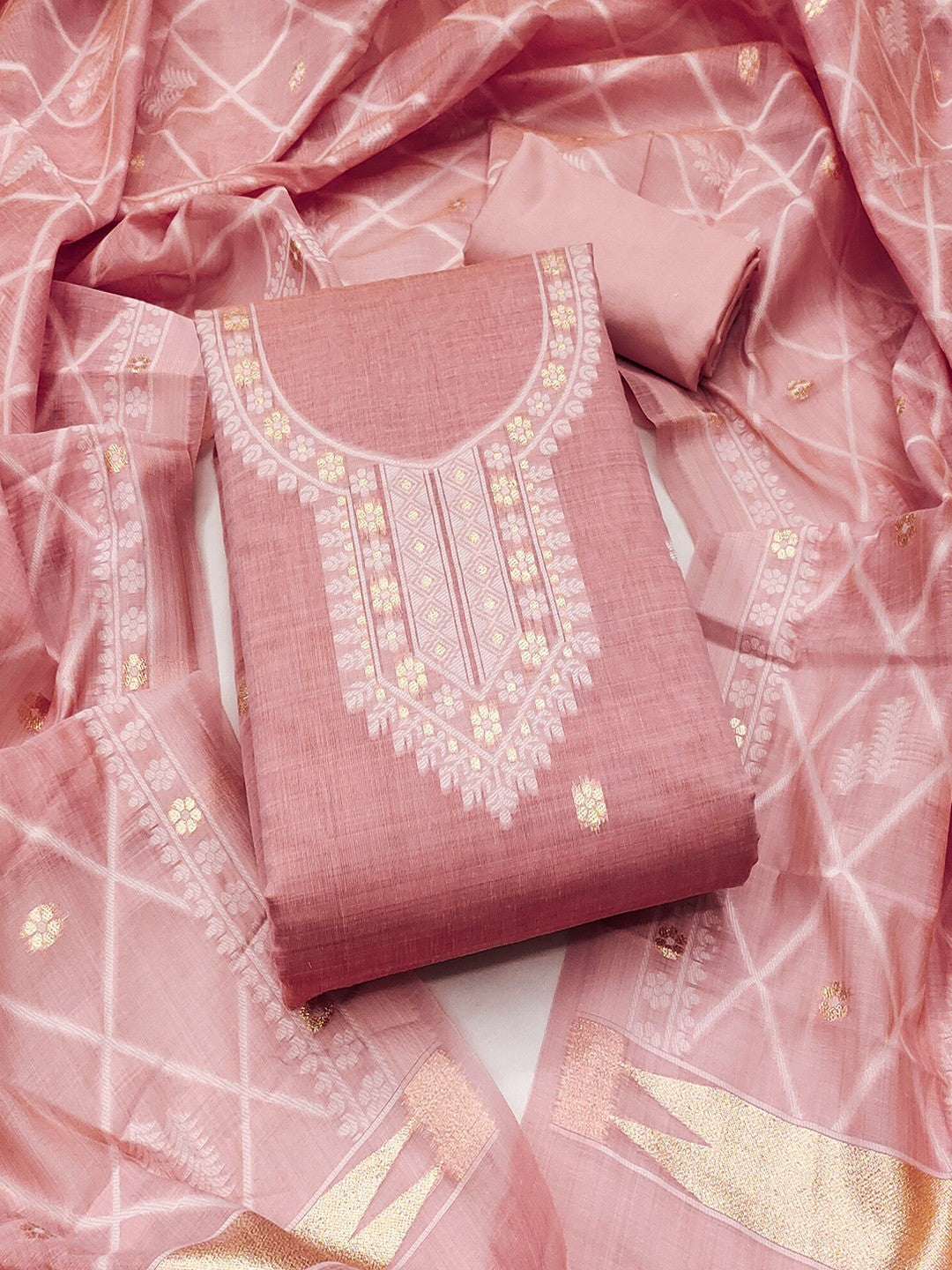 Premium Pink Floral Weaving Chanderi Silk Dress Material With Intricate Zari Work - Image 4