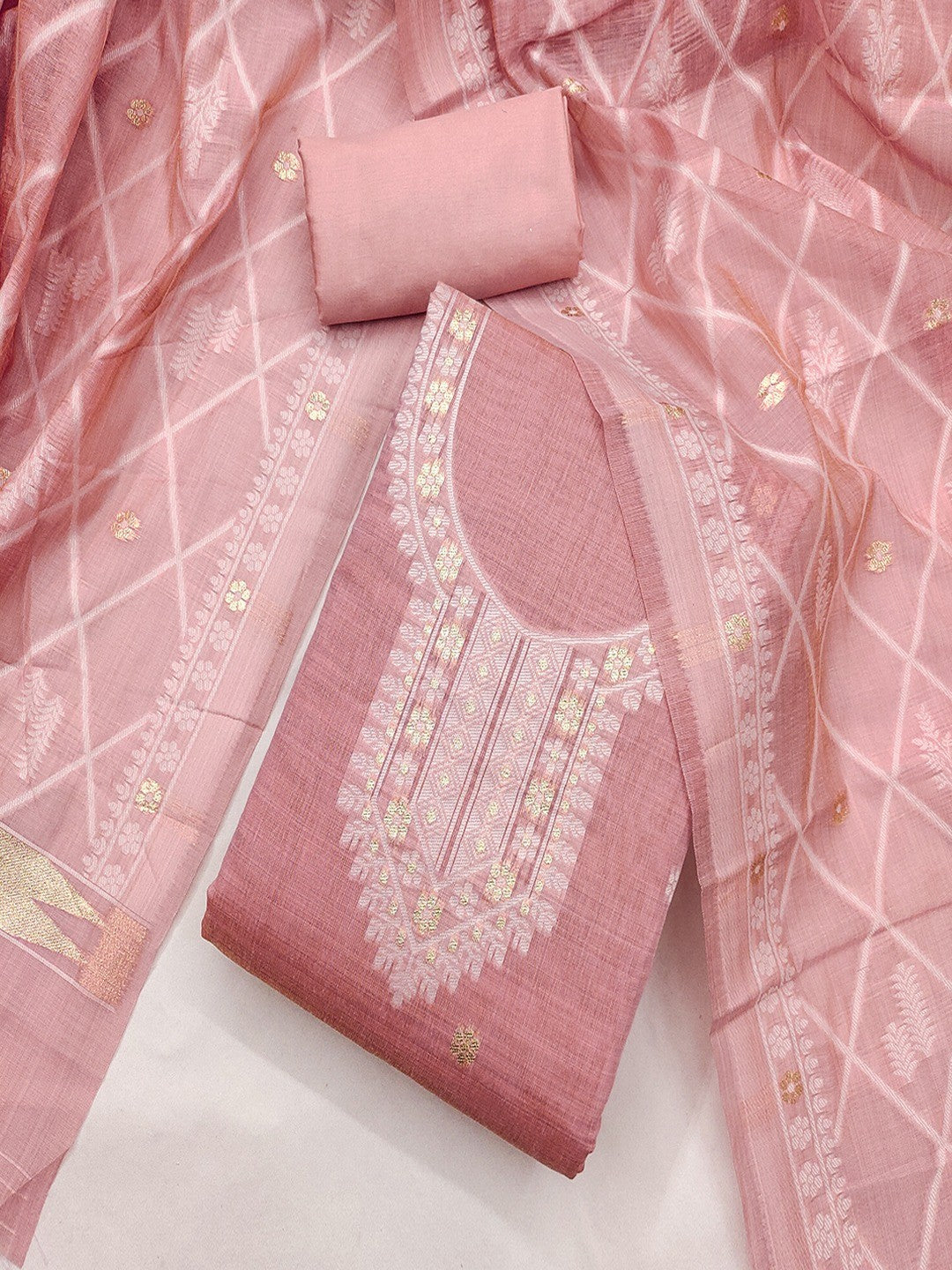 Premium Pink Floral Weaving Chanderi Silk Dress Material With Intricate Zari Work - Image 1