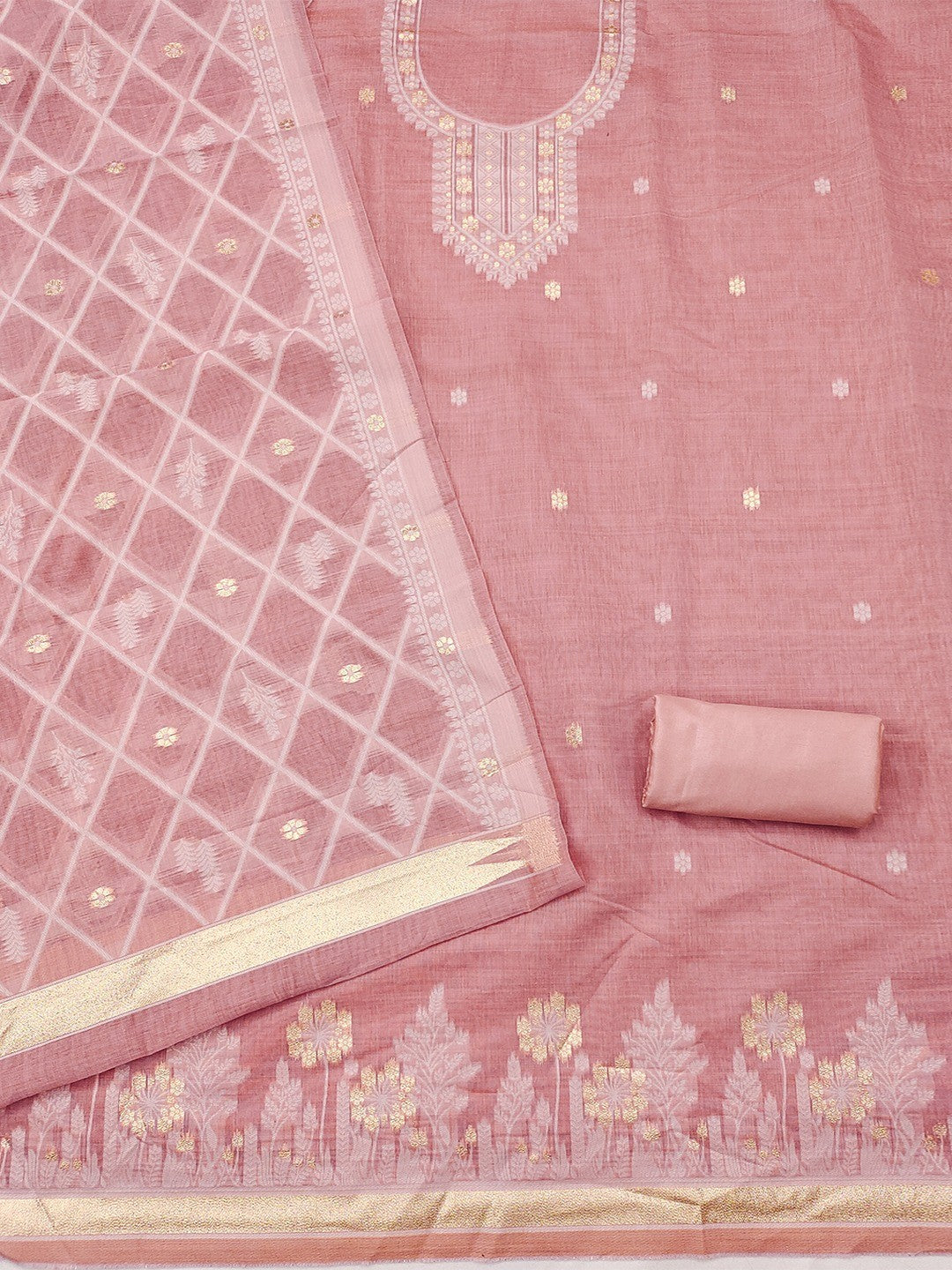 Premium Pink Floral Weaving Chanderi Silk Dress Material With Intricate Zari Work - Image 3