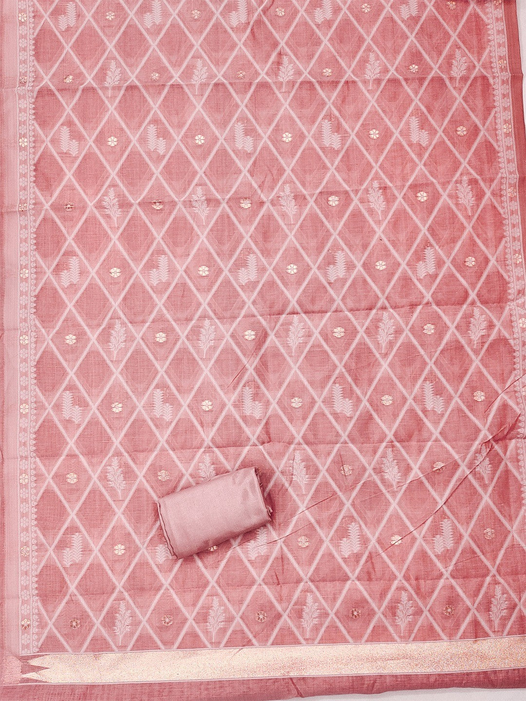 Premium Pink Floral Weaving Chanderi Silk Dress Material With Intricate Zari Work - Image 5