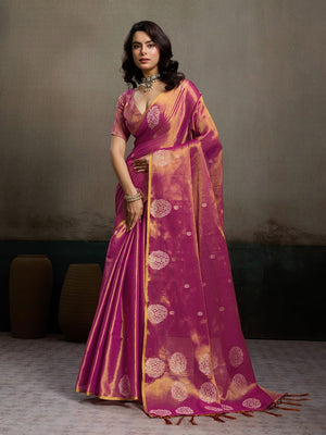 Stylish Magenta Tissue Saree with Fine Woven Floral Patterns and Glossy Finish - Image 1