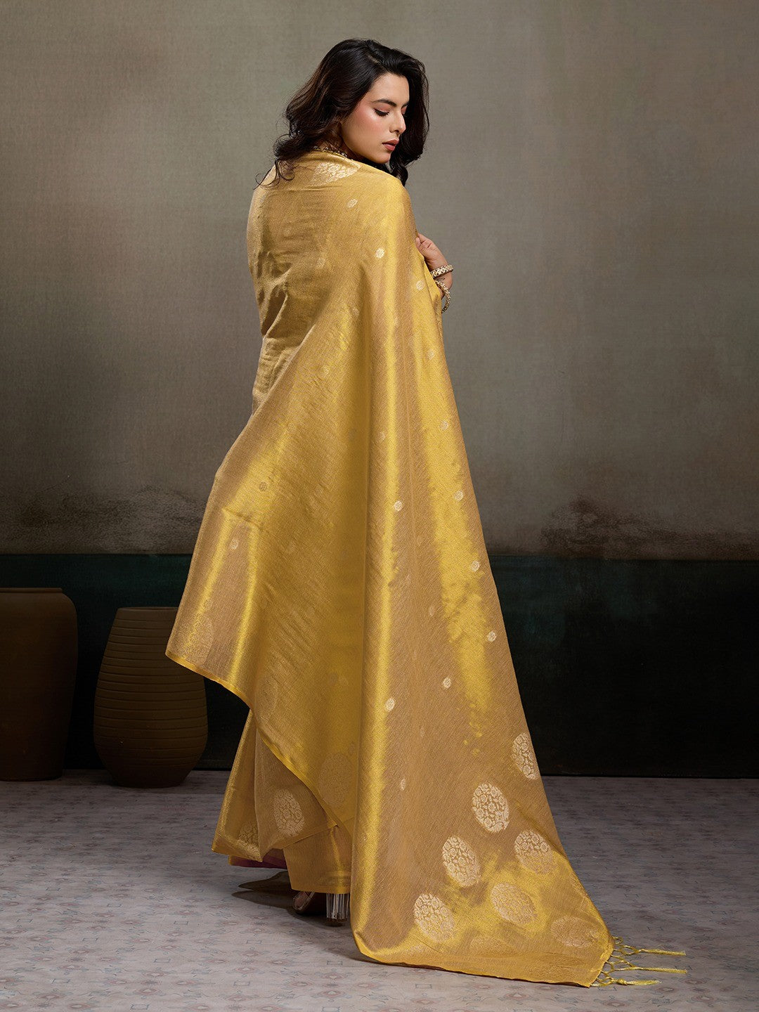 Stylish Beige Tissue Saree with Fine Woven Floral Patterns and Glossy Finish - Image 2