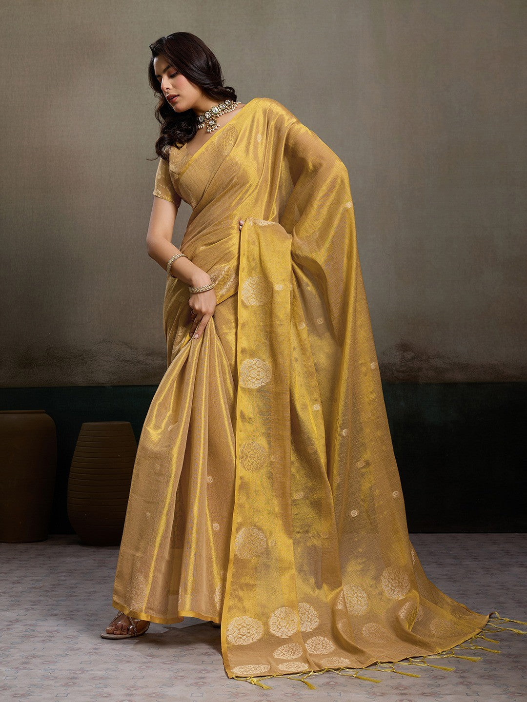 Stylish Beige Tissue Saree with Fine Woven Floral Patterns and Glossy Finish - Image 1