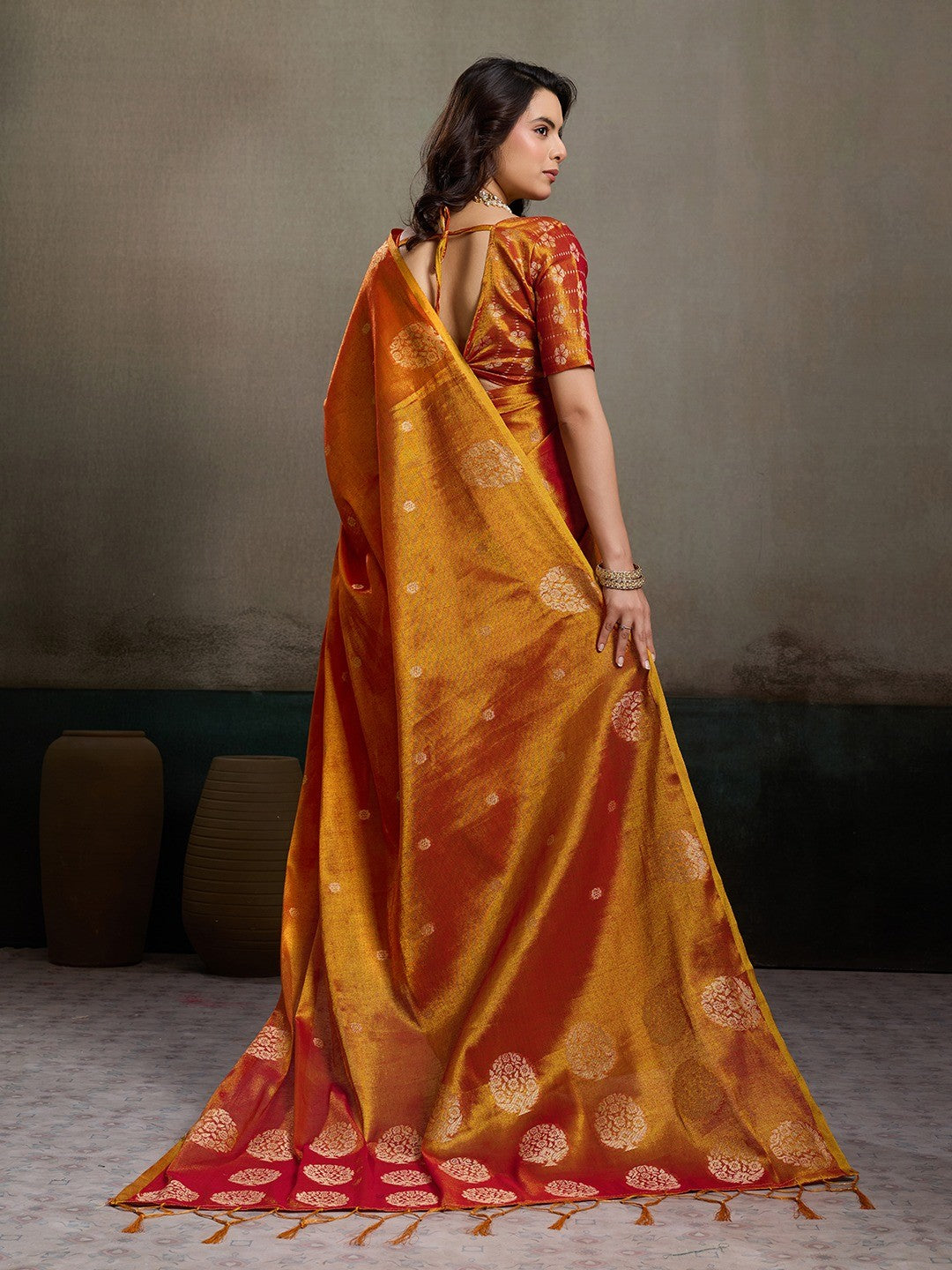 Stylish Orange Tissue Saree with Fine Woven Floral Patterns and Glossy Finish - Image 3