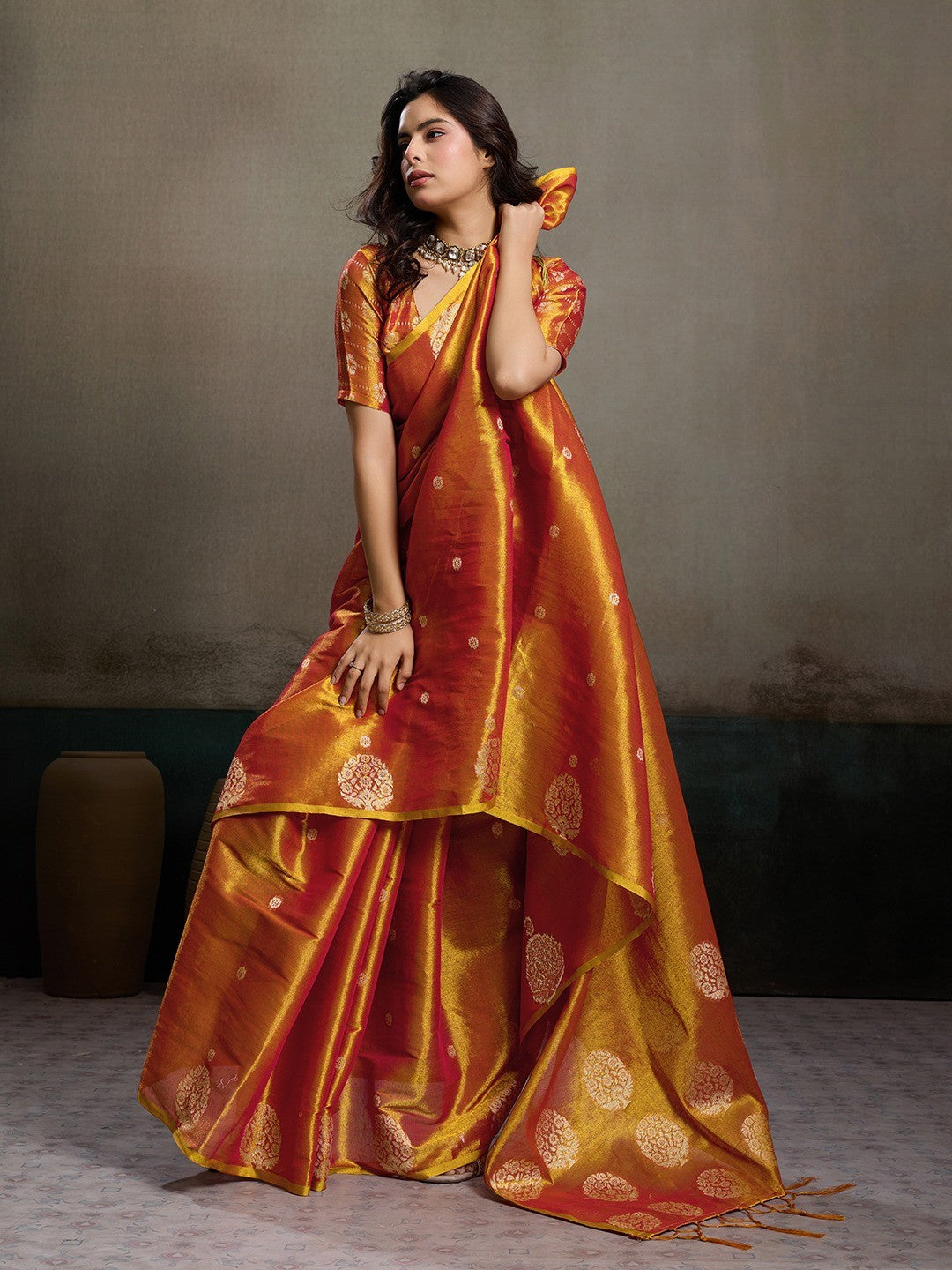 Stylish Orange Tissue Saree with Fine Woven Floral Patterns and Glossy Finish - Image 4