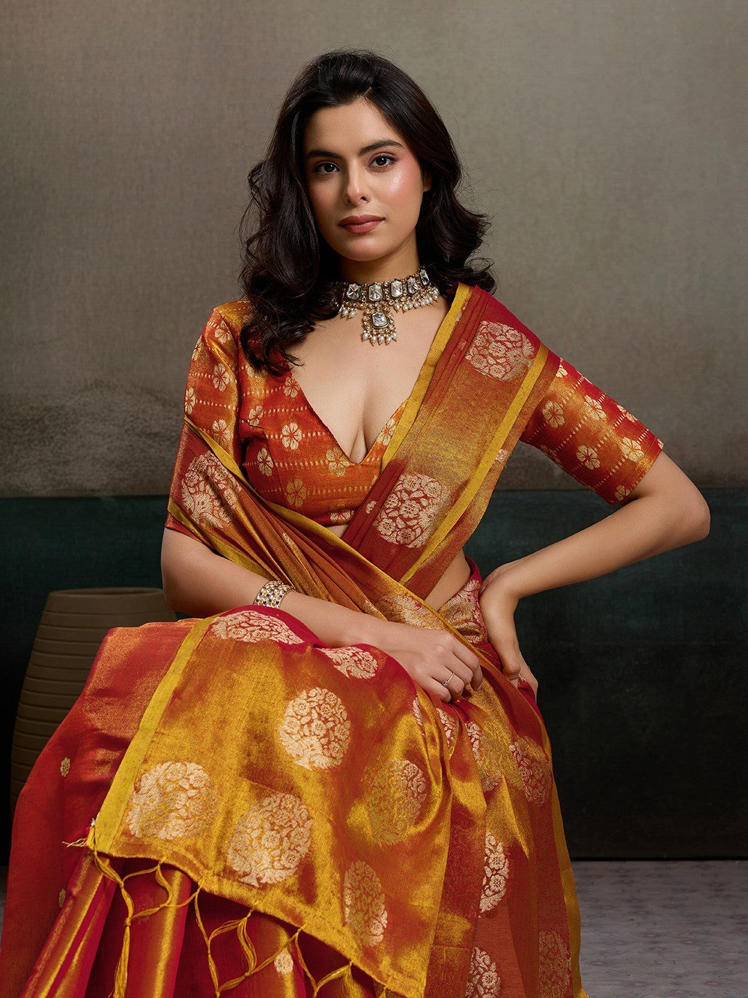 Stylish Orange Tissue Saree with Fine Woven Floral Patterns and Glossy Finish - Image 2