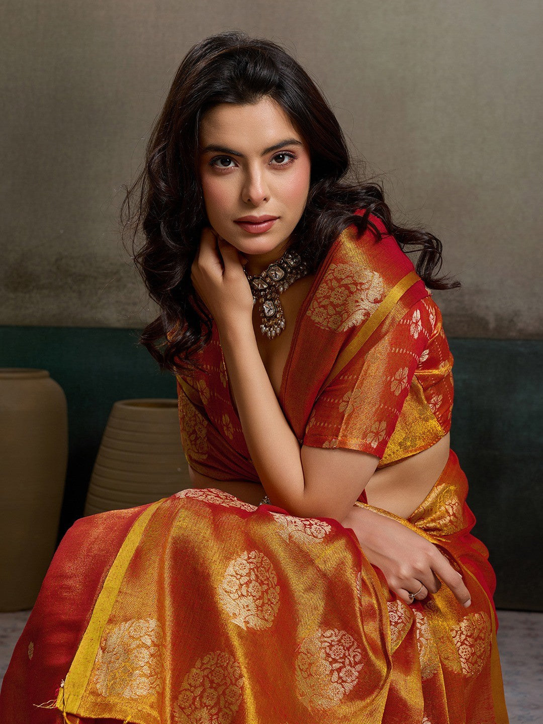 Stylish Orange Tissue Saree with Fine Woven Floral Patterns and Glossy Finish - Image 5