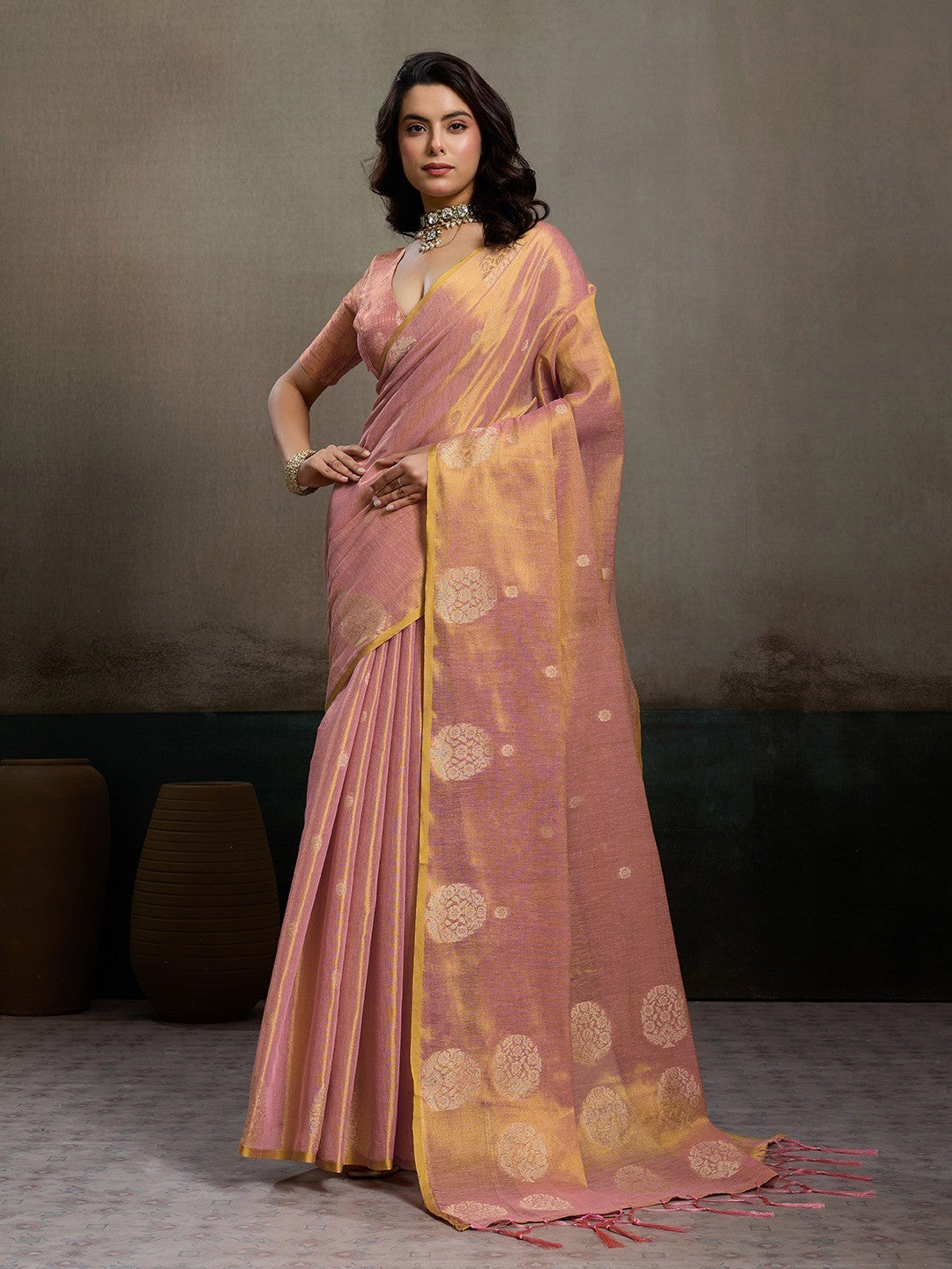Elegant Pink Tissue Saree with Woven Circular Motifs - Image 1