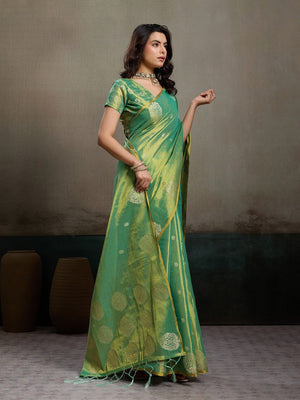 Stylish Green Tissue Saree with Fine Woven Floral Patterns and Glossy Finish - Image 2