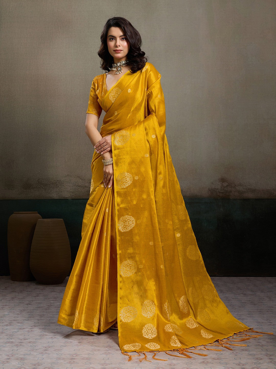 Mustard Tissue Saree with Woven Design - Elegant Traditional Wear - Image 1