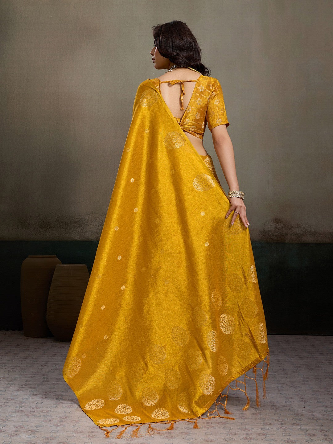 Mustard Tissue Saree with Woven Design - Elegant Traditional Wear - Image 4