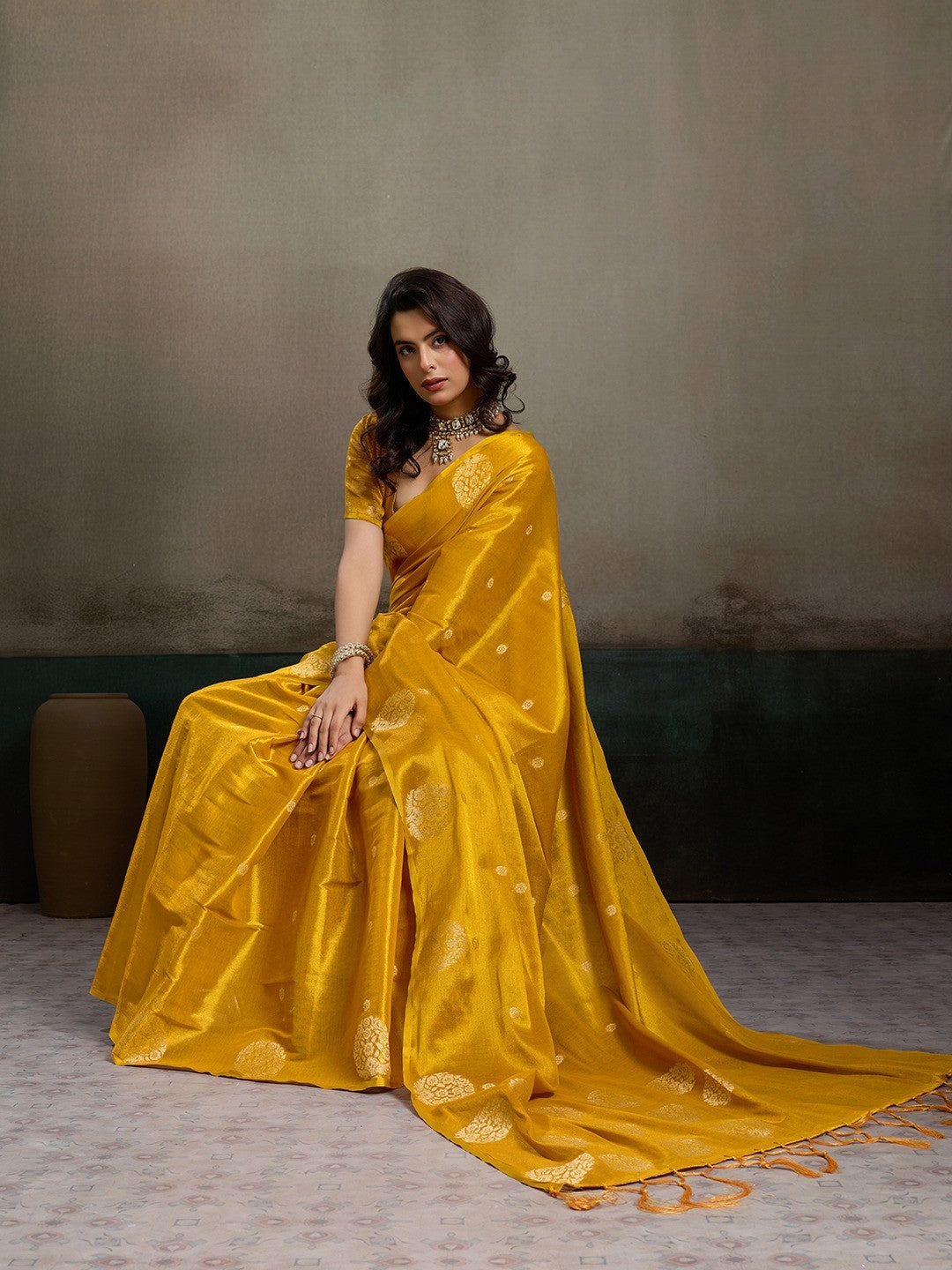 Mustard Tissue Saree with Woven Design - Elegant Traditional Wear - Image 5
