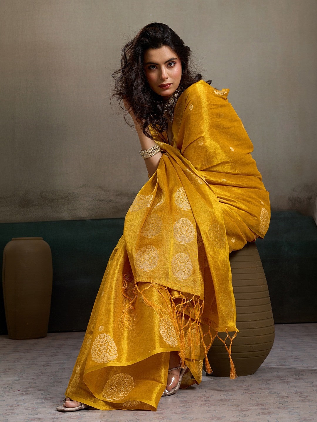 Mustard Tissue Saree with Woven Design - Elegant Traditional Wear - Image 3