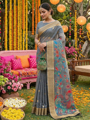 Classic Grey Floral Weaving Tissue Saree Enhanced With Peacock Motif Pallu & Tassels - Image 1