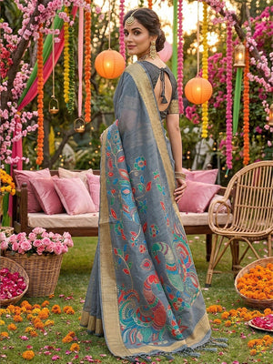 Classic Grey Floral Weaving Tissue Saree Enhanced With Peacock Motif Pallu & Tassels - Image 2