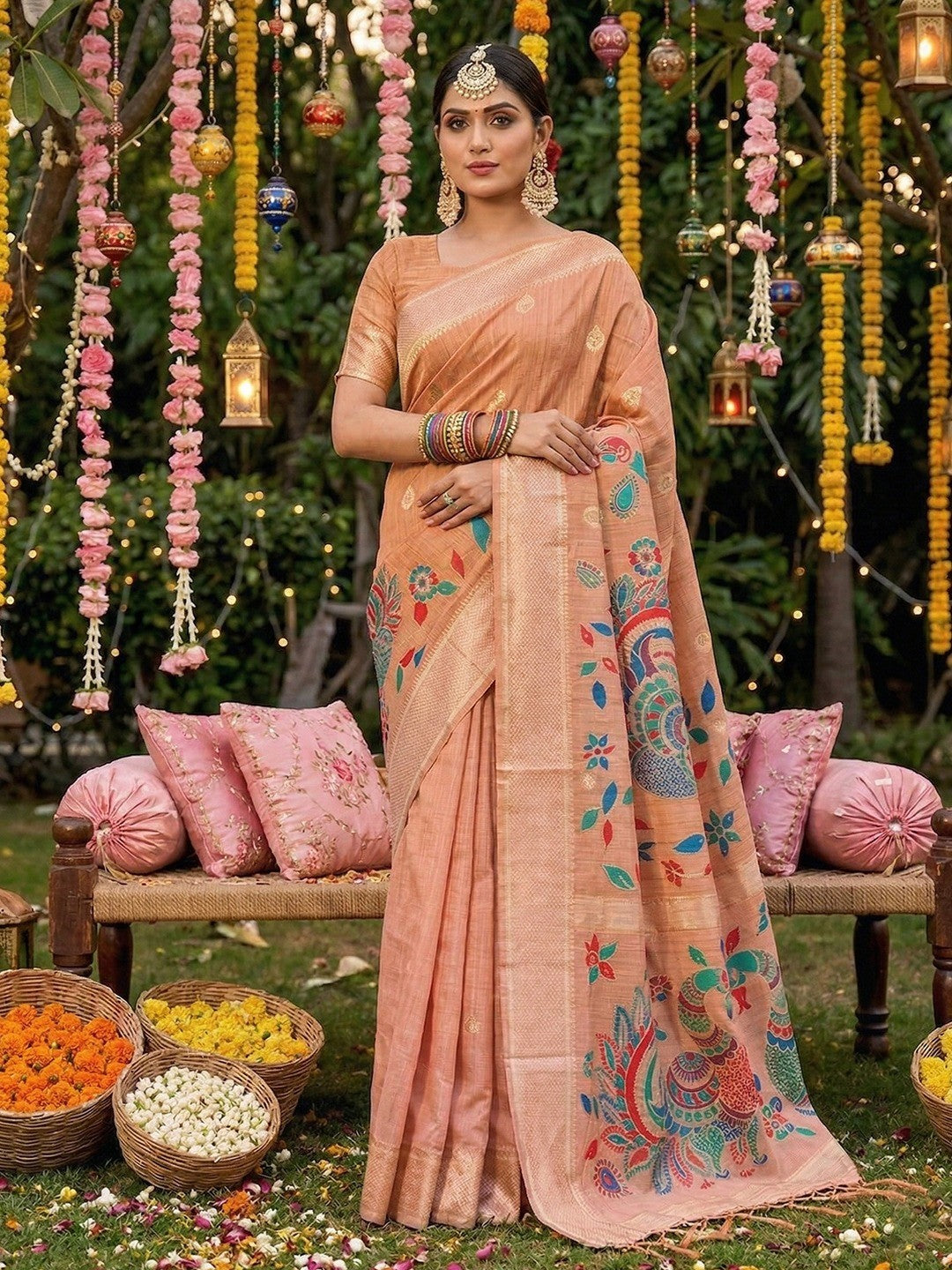 Classic Peach Floral Weaving Tissue Saree Enhanced With Peacock Motif Pallu & Tassels - Image 1