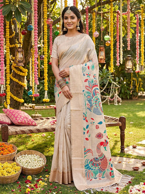 Classic Cream Floral Weaving Tissue Saree Enhanced With Peacock Motif Pallu & Tassels - Image 1