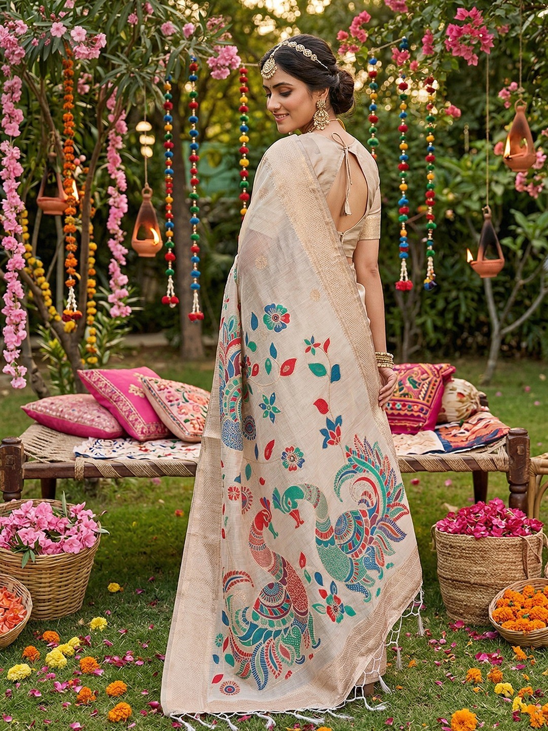 Classic Cream Floral Weaving Tissue Saree Enhanced With Peacock Motif Pallu & Tassels - Image 3