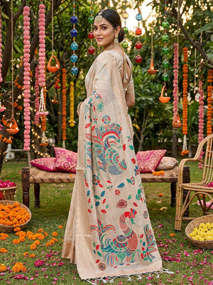Classic Cream Floral Weaving Tissue Saree Enhanced With Peacock Motif Pallu & Tassels - Image 2