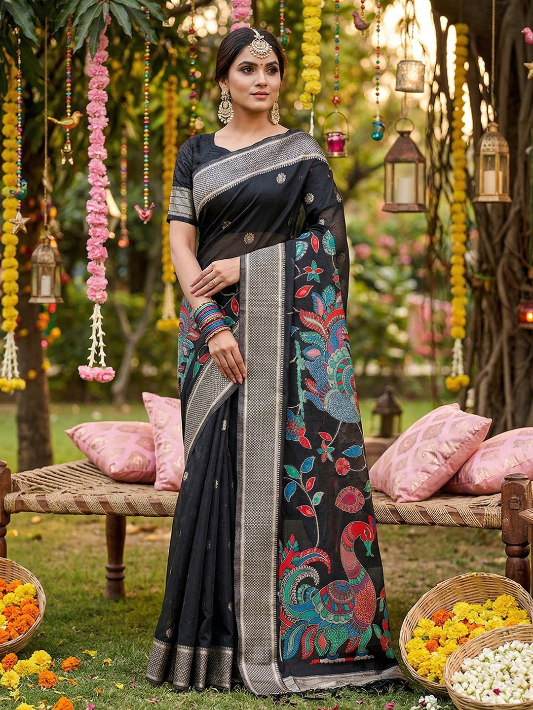 Classic Black Floral Weaving Tissue Saree Enhanced With Peacock Motif Pallu & Tassels - Image 1