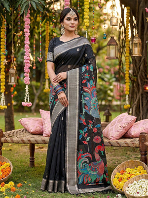 Classic Black Floral Weaving Tissue Saree Enhanced With Peacock Motif Pallu & Tassels - Image 1