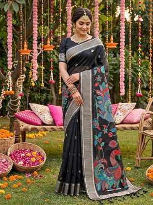 Classic Black Floral Weaving Tissue Saree Enhanced With Peacock Motif Pallu & Tassels - Image 2