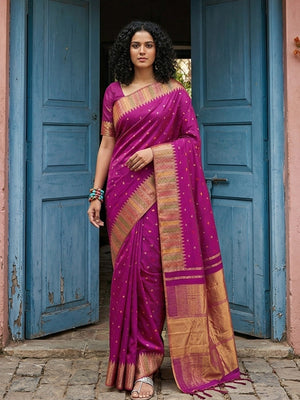 Premium Magenta Silk Blend Saree with Fine Golden Woven Border Detailing - Image 1