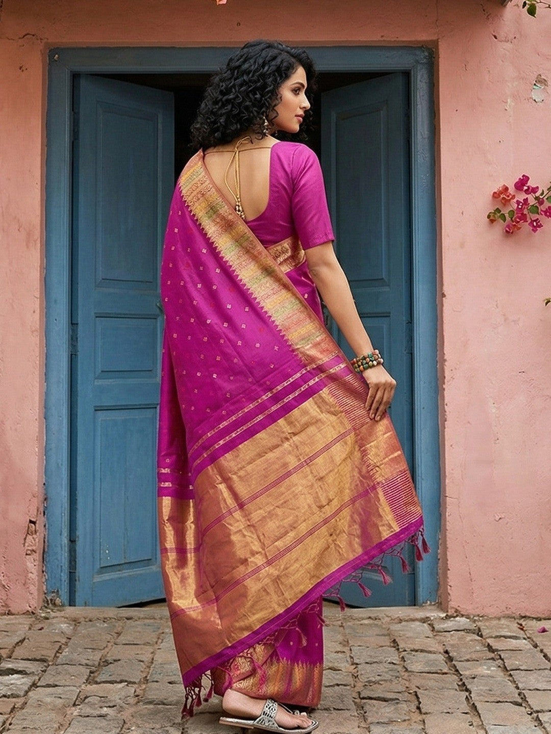 Premium Magenta Silk Blend Saree with Fine Golden Woven Border Detailing - Image 3