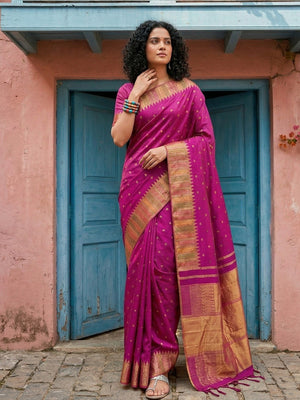Premium Magenta Silk Blend Saree with Fine Golden Woven Border Detailing - Image 2