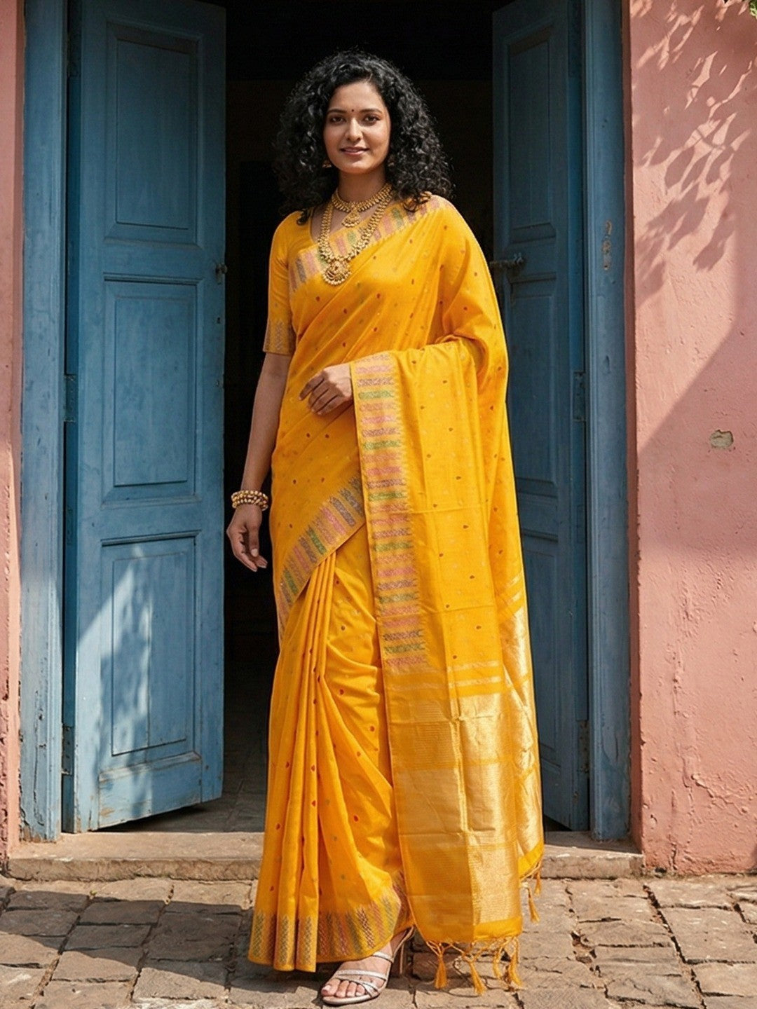 Premium Yellow Silk Blend Saree with Fine Golden Woven Border Detailing - Image 1