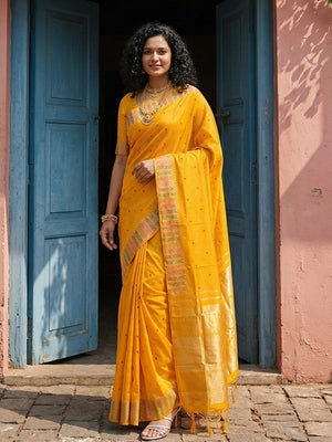 Premium Yellow Silk Blend Saree with Fine Golden Woven Border Detailing - Image 1