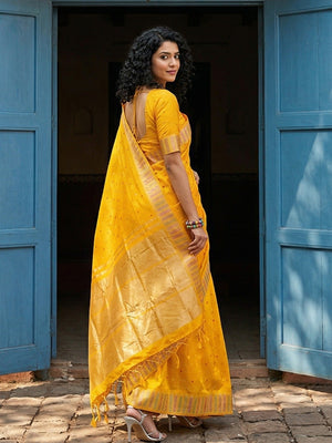 Premium Yellow Silk Blend Saree with Fine Golden Woven Border Detailing - Image 2