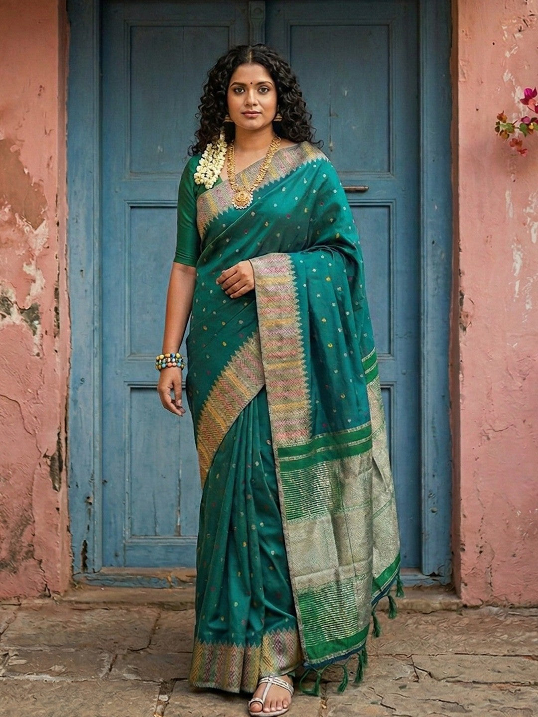 Premium Green Silk Blend Saree with Fine Golden Woven Border Detailing - Image 1