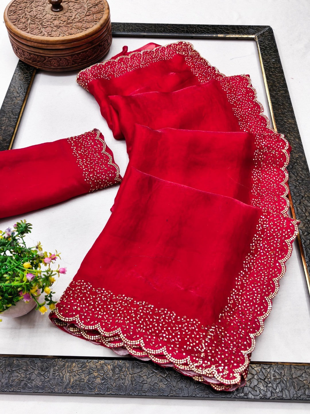 Red Satin Saree with Handcrafted Stone Work Embellished Border - Image 3