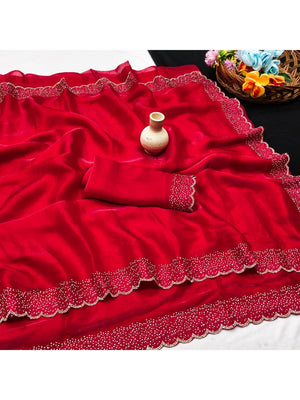 Red Satin Saree with Handcrafted Stone Work Embellished Border - Image 2