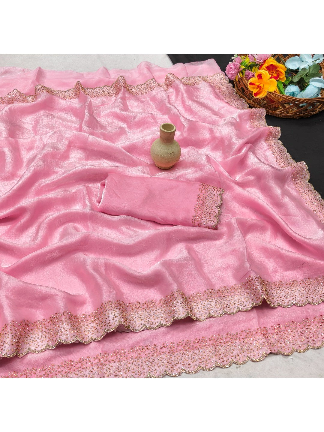 Baby Pink Satin Saree with Handcrafted Stone Work Embellished Border - Image 2