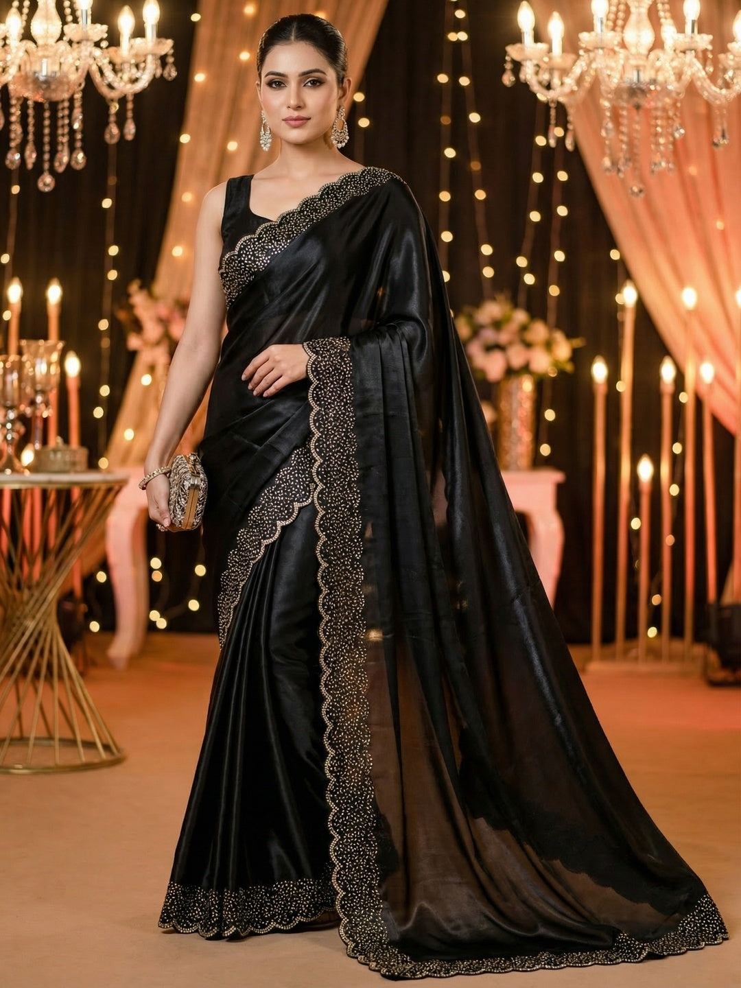 Black Satin Saree with Handcrafted Stone Work Embellished Border - Image 1