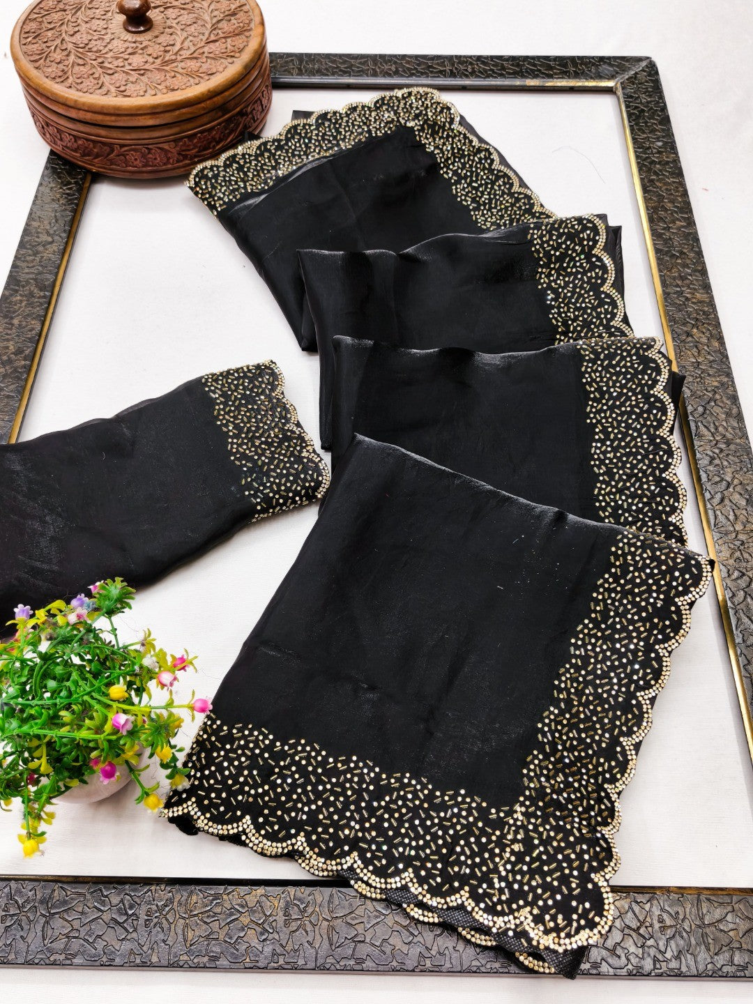 Black Satin Saree with Handcrafted Stone Work Embellished Border - Image 2