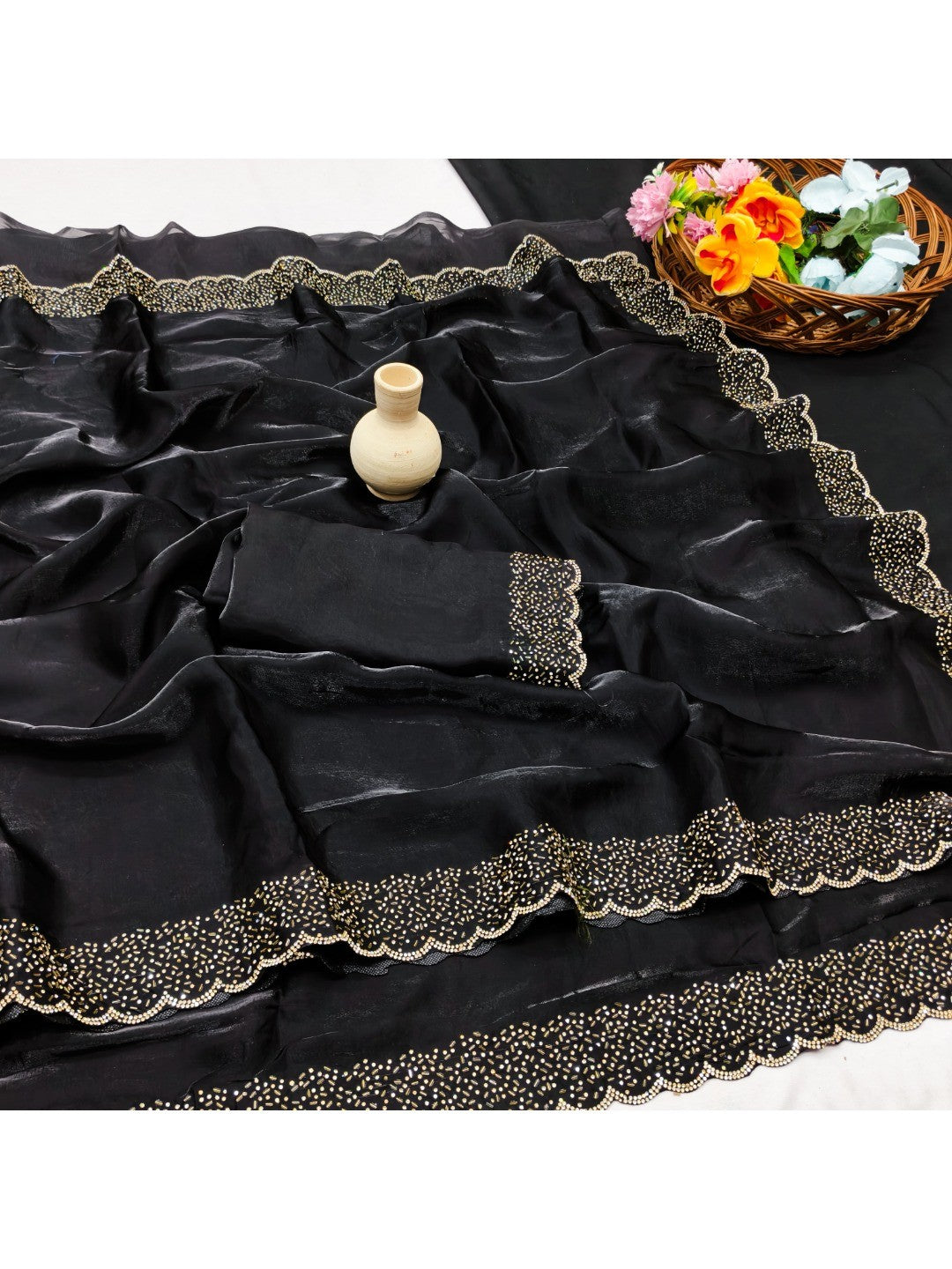 Black Satin Saree with Handcrafted Stone Work Embellished Border - Image 3