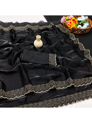 Black Satin Saree with Handcrafted Stone Work Embellished Border - Image 2