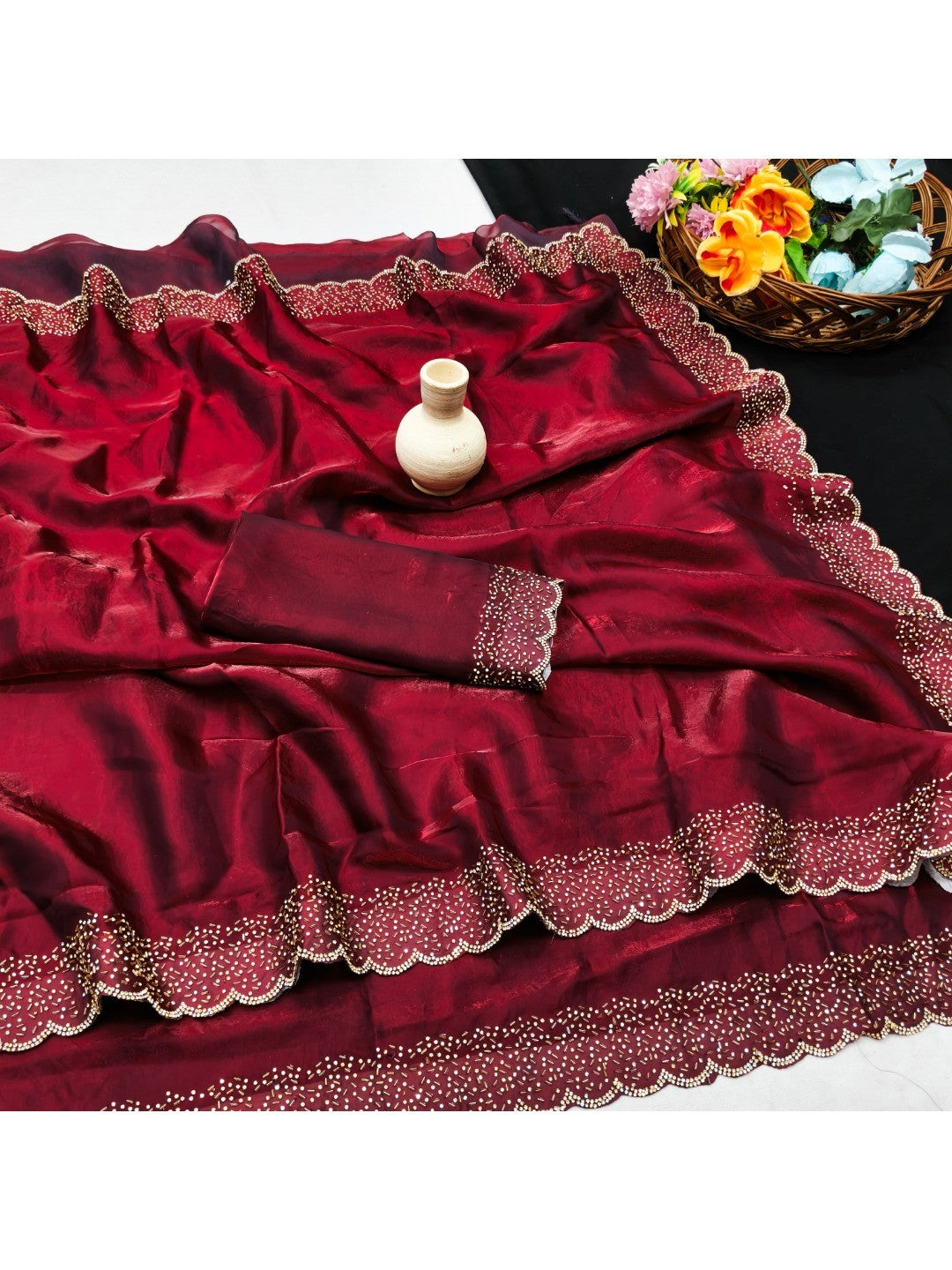 Maroon Satin Saree with Handcrafted Stone Work Embellished Border - Image 2