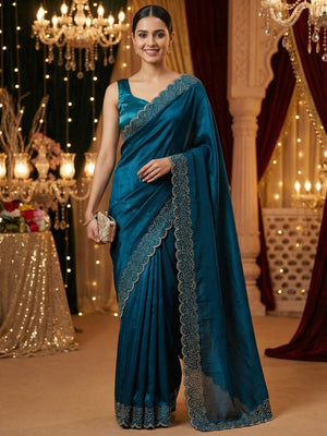 Teal Satin Saree with Handcrafted Stone Work Embellished Border - Image 1