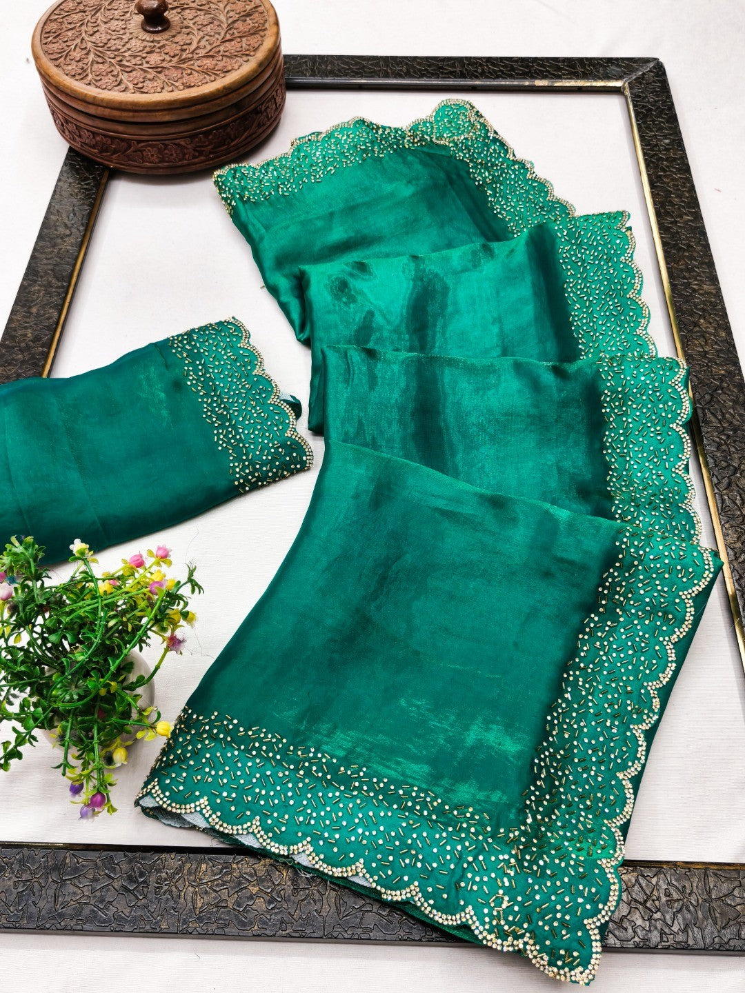 Emerald Green Satin Saree with Handcrafted Stone Work Embellished Border - Image 3