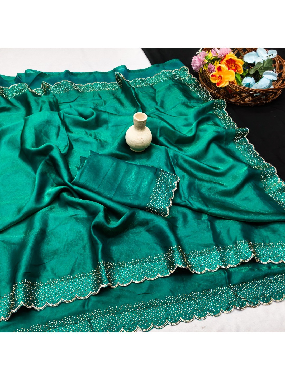 Emerald Green Satin Saree with Handcrafted Stone Work Embellished Border - Image 2